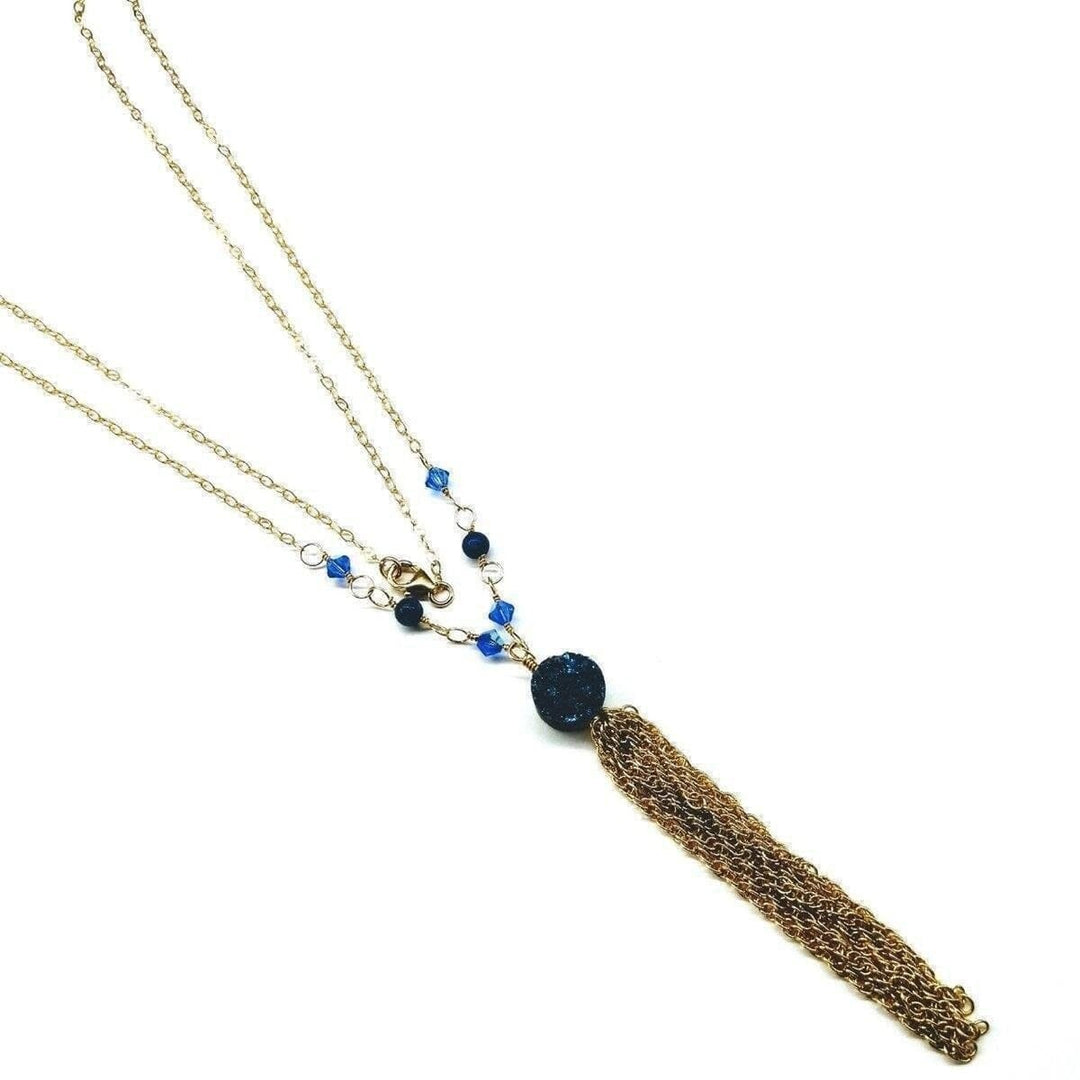 AMD1064 Golden Blue Druzy Chain Tassel Necklace - Necklaces - Alexa Martha Designs   11340471492