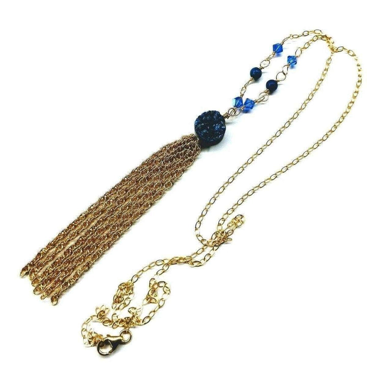 AMD1064 Golden Blue Druzy Chain Tassel Necklace - Necklaces - Alexa Martha Designs   11340471492