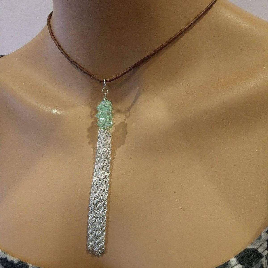 AMD1132 Green Crystal Barrel Silver Chain Tassel Leather Necklace - Necklace - Alexa Martha Designs   1204930478127