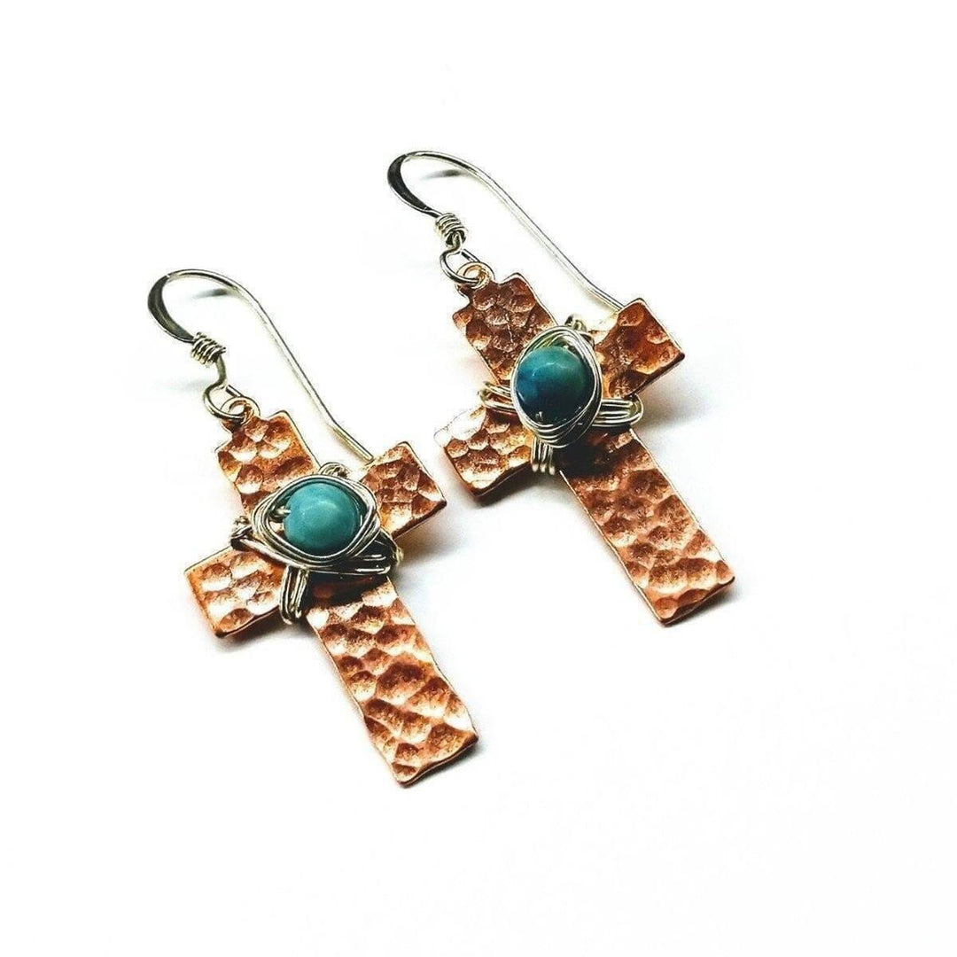AMD1010 Hammered Copper Cross Earrings with Turquoise Beads - Earrings - Alexa Martha Designs   1172114116