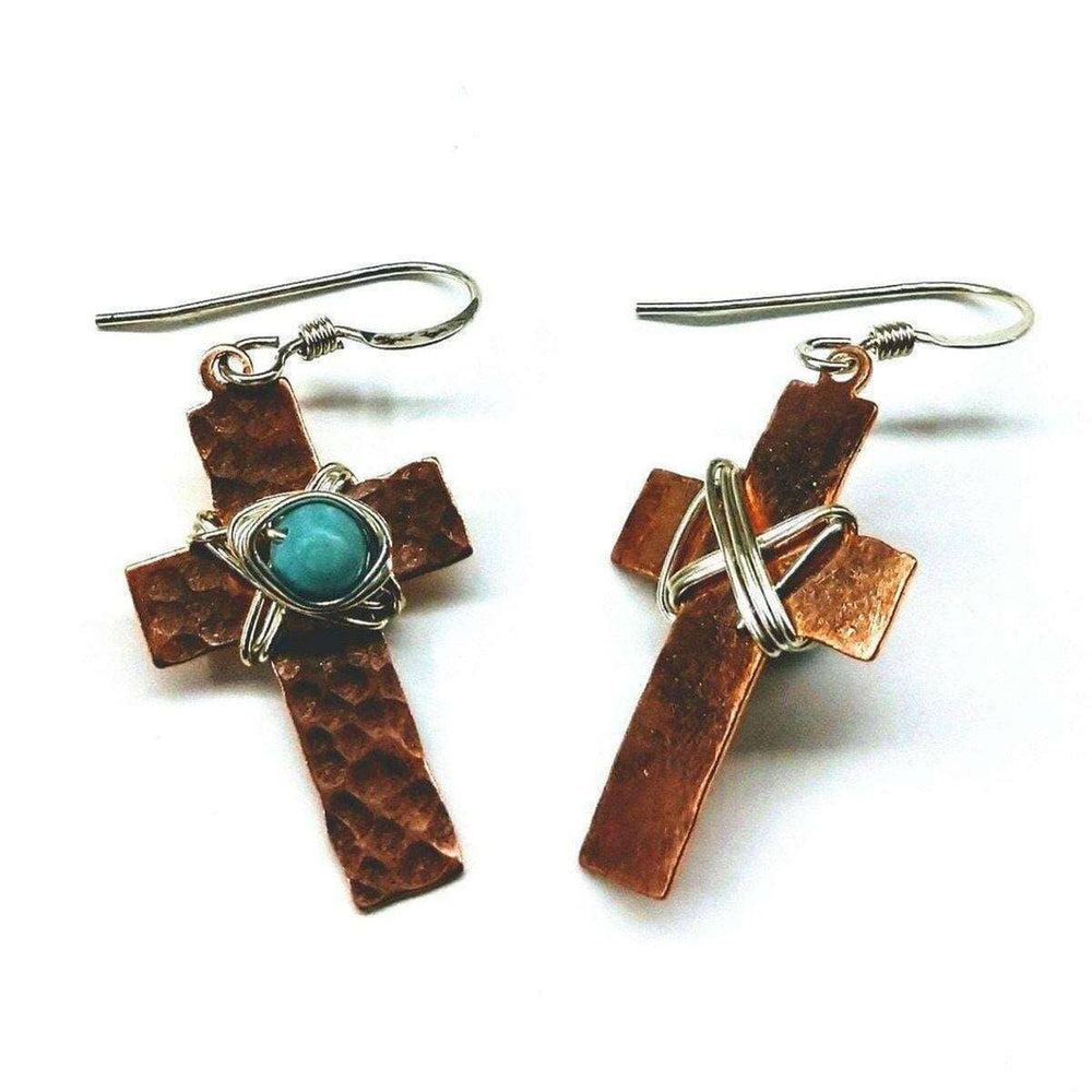 Hammered Copper Cross Earrings with Turquoise Beads - Earrings - Alexa Martha Designs   