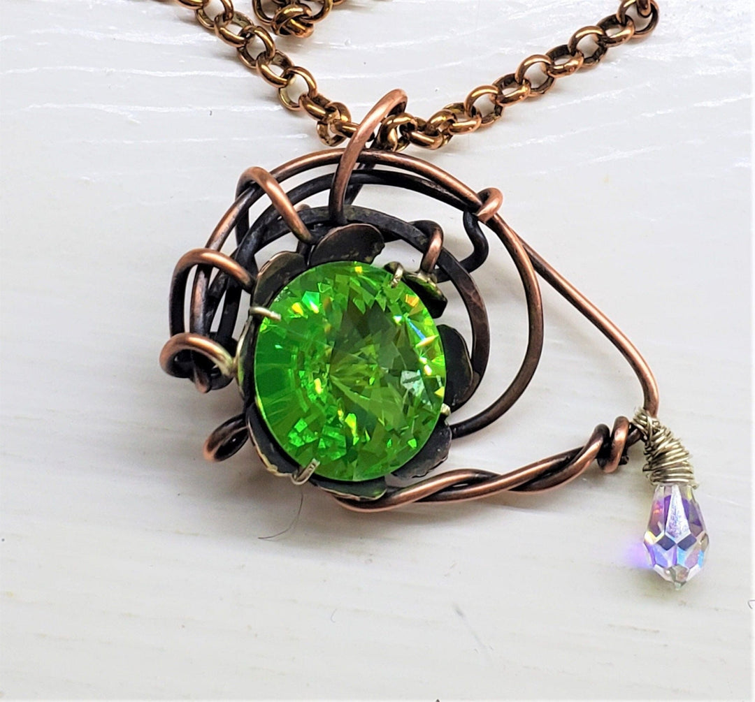 AMD1258 Handmade Wire Sculpted Green Crystal Copper Eye Necklace - Necklace - Alexa Martha Designs   8285274538288