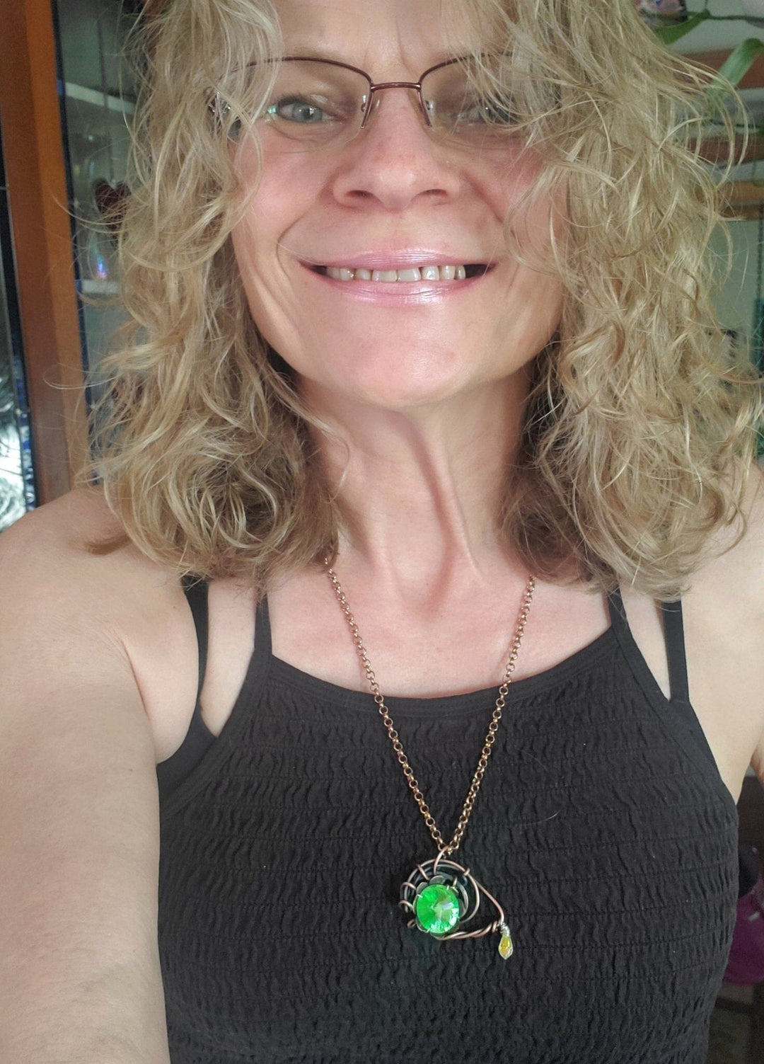 AMD1258 Handmade Wire Sculpted Green Crystal Copper Eye Necklace - Necklace - Alexa Martha Designs   8285274538288