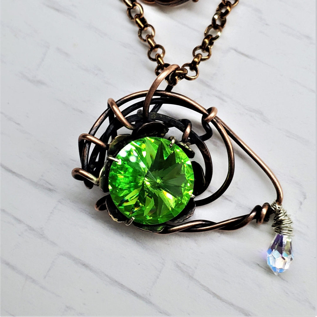 AMD1258 Handmade Wire Sculpted Green Crystal Copper Eye Necklace - Necklace - Alexa Martha Designs   8285274538288