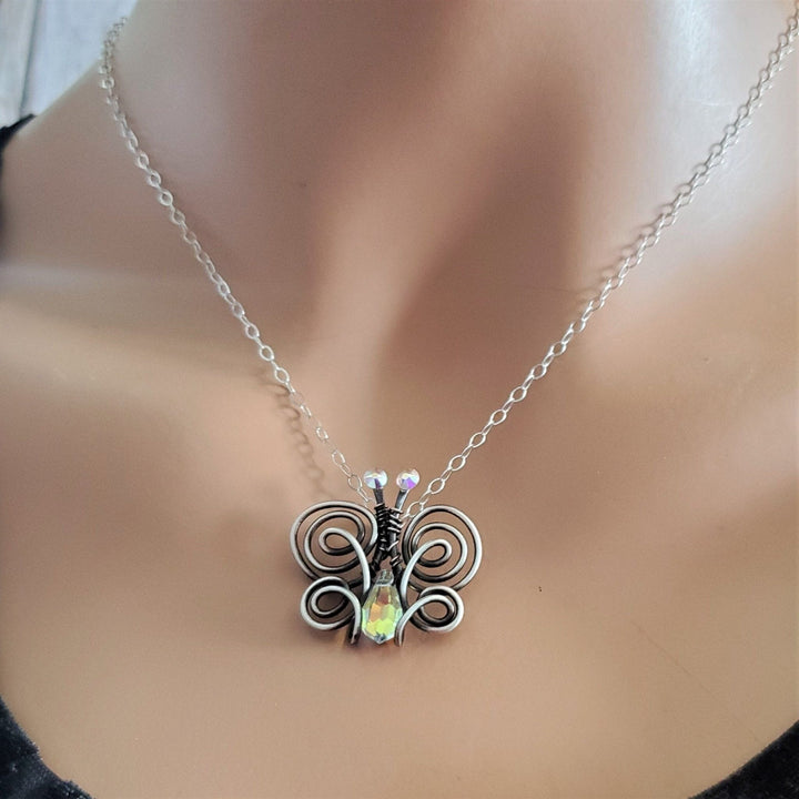AMD1086-AMD1086-S-AMD1086-4-AMD1086-G Handmade Wire Sculpted Crystal Butterfly Necklace - Necklace - Alexa Martha Designs   11501045060