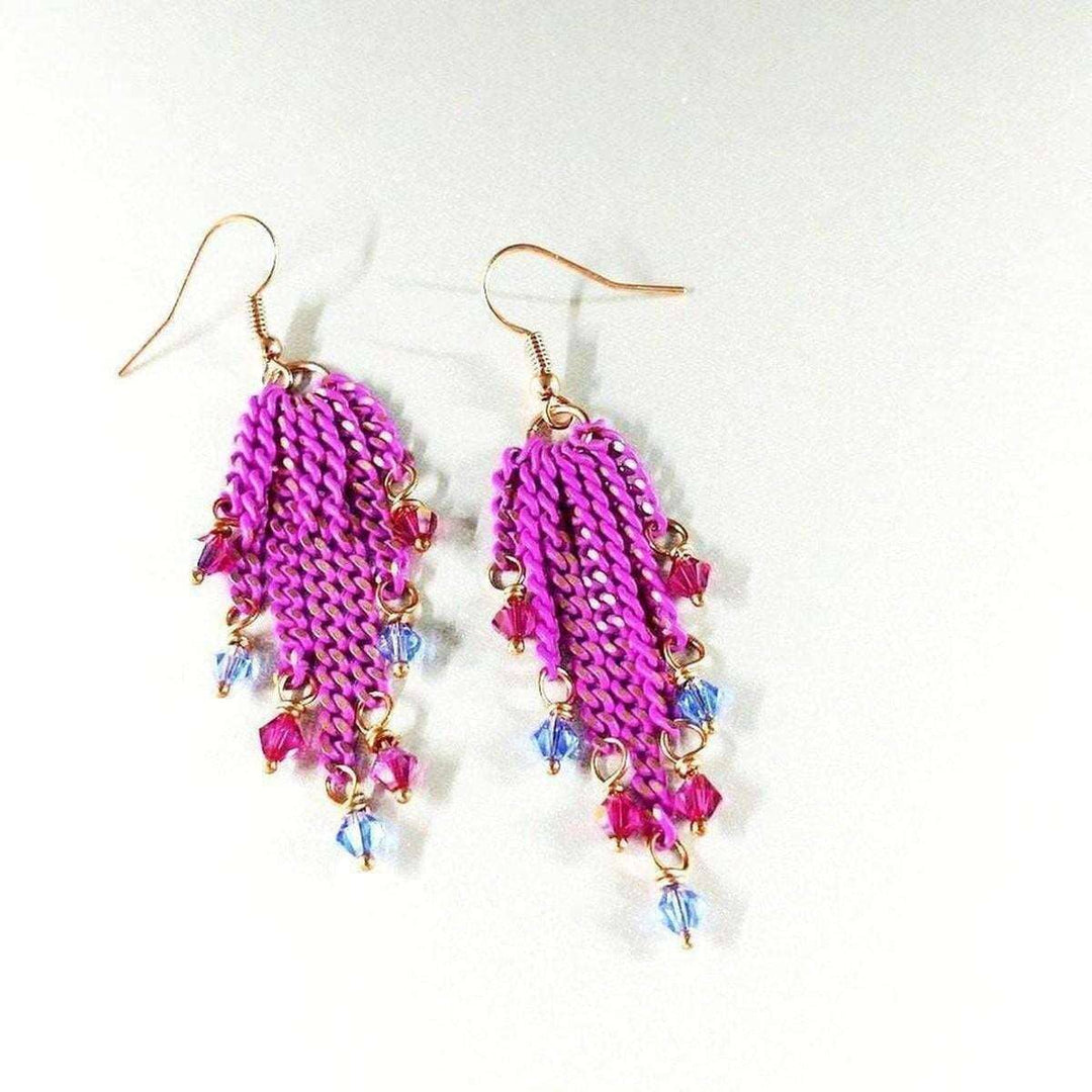 AMD1066 Hot Pink Tassel Chain Crystal Earrings - Earrings - Alexa Martha Designs   11275103620
