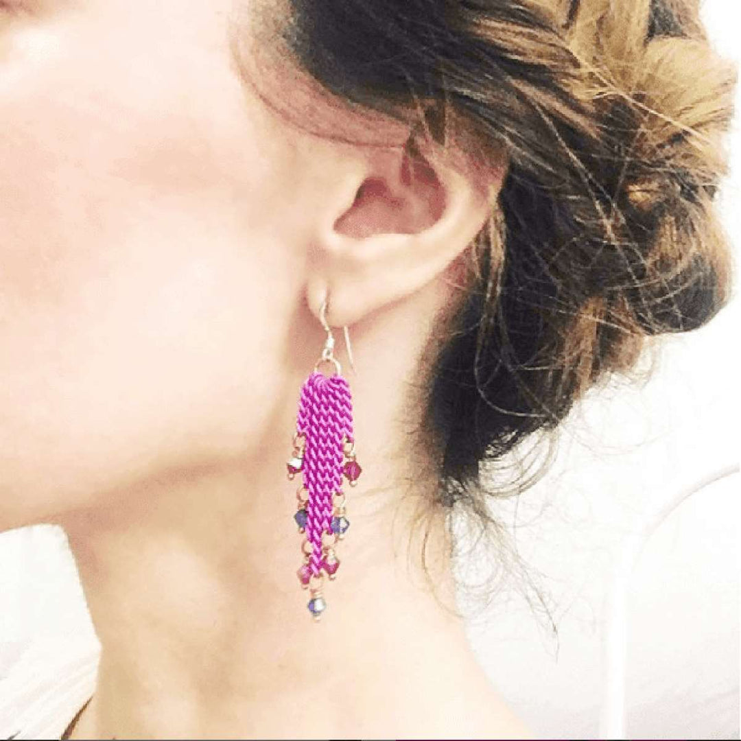 AMD1066 Hot Pink Tassel Chain Crystal Earrings - Earrings - Alexa Martha Designs   11275103620