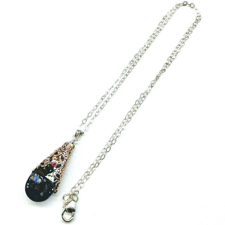 AMD1006 Rose Gold Filigree Wrap Crystal Black Diamond Pendant Necklace - Necklace - Alexa Martha Designs   937566666799