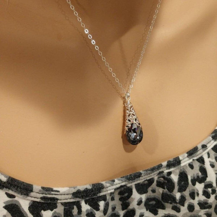AMD1006 Rose Gold Filigree Wrap Crystal Black Diamond Pendant Necklace - Necklace - Alexa Martha Designs   937566666799