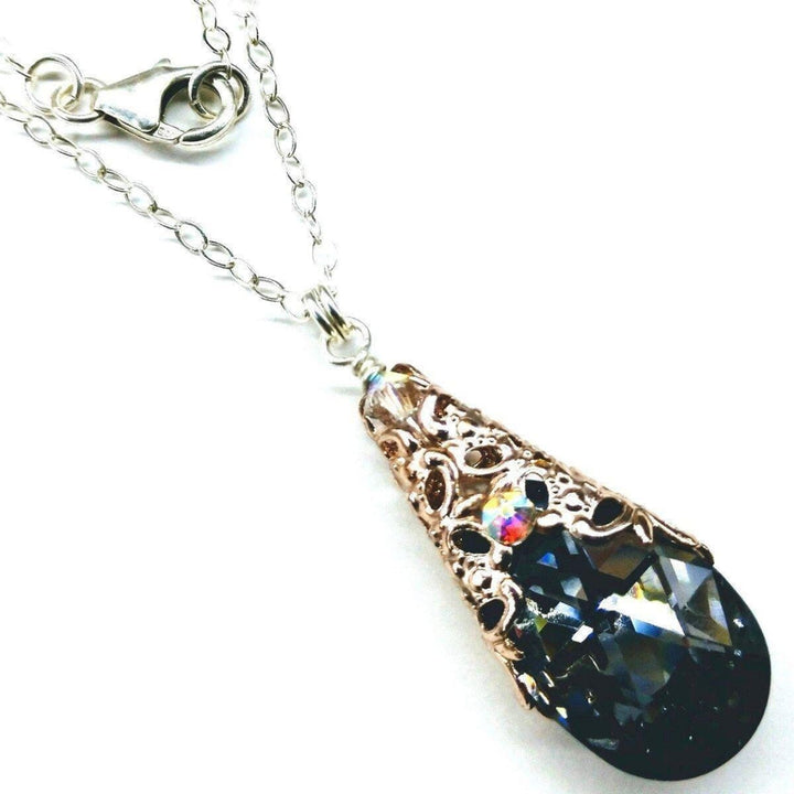 Rose Gold Filigree Wrap Crystal Black Diamond Pendant Necklace - Necklace - Alexa Martha Designs   