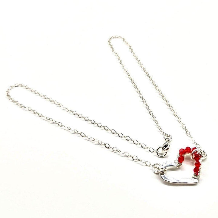 AMD1011 Silver Red Crystal Hammered Heart Necklace - Necklace - Alexa Martha Designs   1062052659247