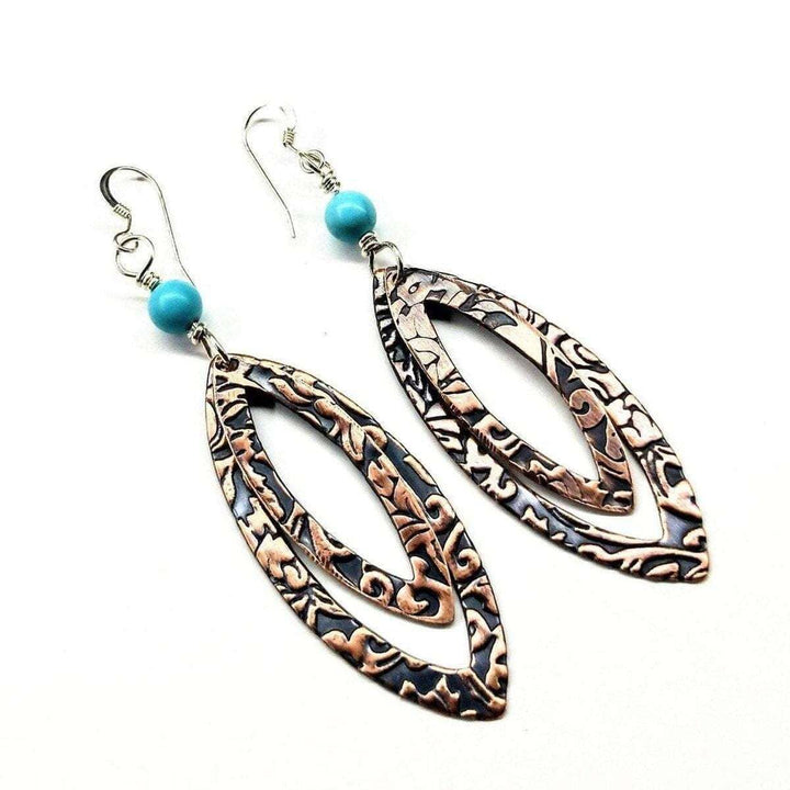 AMD1013 Turquoise Copper Embossed Pointed Oval Earrings - Earrings - Alexa Martha Designs   1073555963951