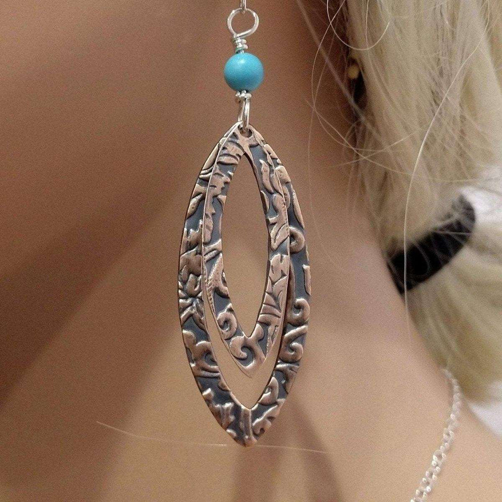 AMD1013 Turquoise Copper Embossed Pointed Oval Earrings - Earrings - Alexa Martha Designs   1073555963951
