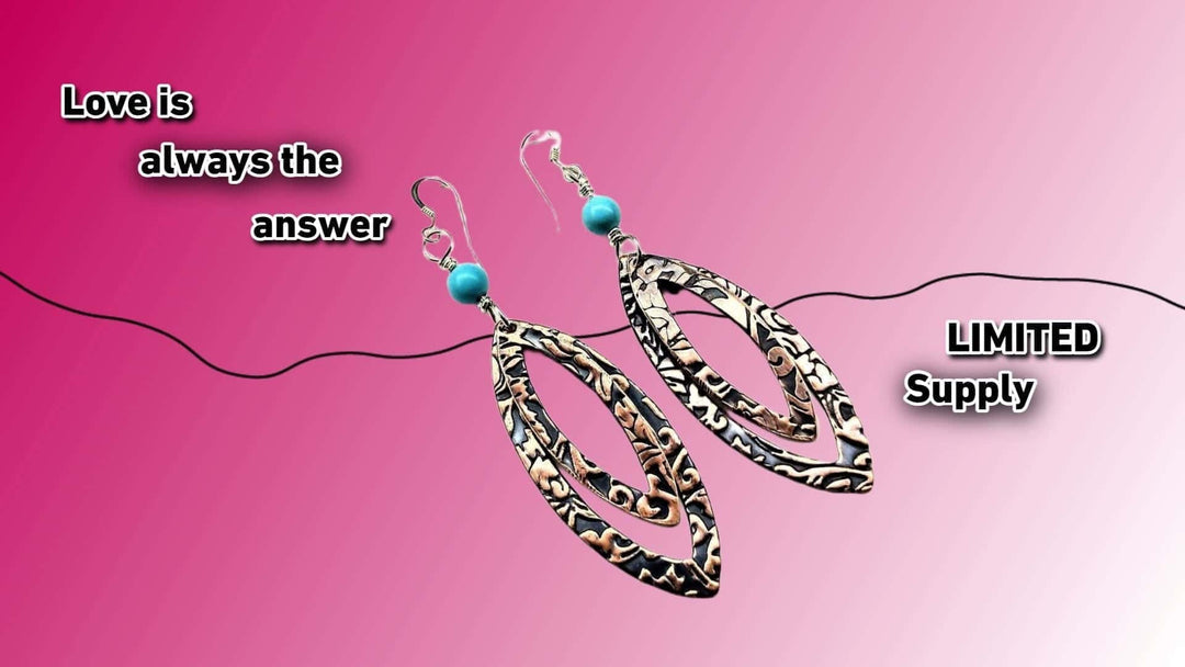 AMD1013 Turquoise Copper Embossed Pointed Oval Earrings - Earrings - Alexa Martha Designs   1073555963951