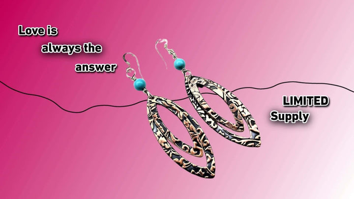 AMD1013 Turquoise Copper Embossed Pointed Oval Earrings - Earrings - Alexa Martha Designs   1073555963951