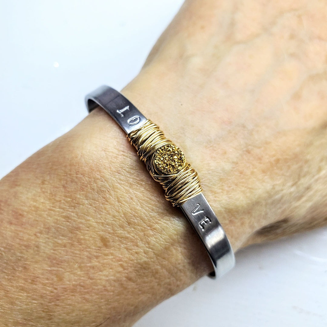 AMD1028 Stainless Steel LOVE Stamped Wire Wrapped Gold Druzy Cuff - Bracelet - Alexa Martha Designs   812077744175