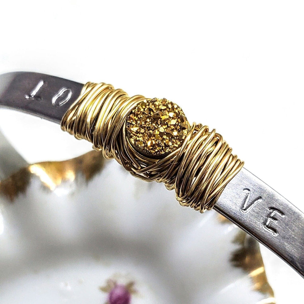 Stainless Steel LOVE Stamped Wire Wrapped Gold Druzy Cuff - Bangles /Bracelets - Alexa Martha Designs   