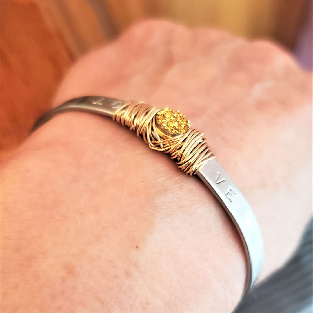 AMD1028 Stainless Steel LOVE Stamped Wire Wrapped Gold Druzy Cuff - Bracelet - Alexa Martha Designs   812077744175