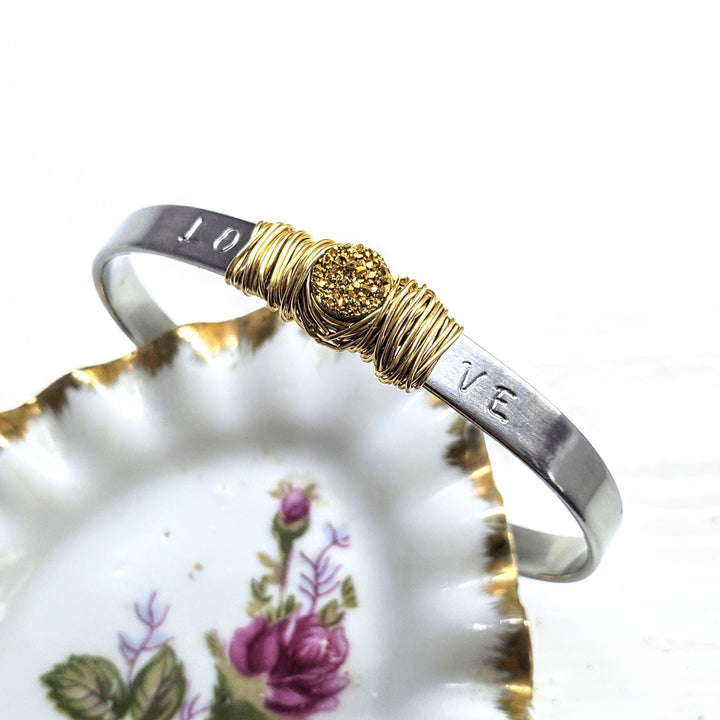 AMD1028 Stainless Steel LOVE Stamped Wire Wrapped Gold Druzy Cuff - Bracelet - Alexa Martha Designs   812077744175