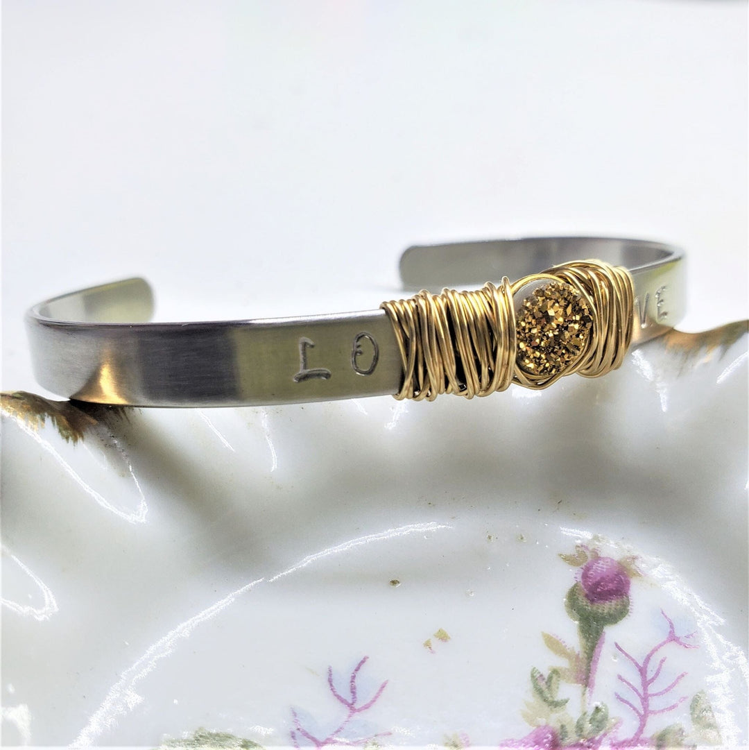 AMD1028 Stainless Steel LOVE Stamped Wire Wrapped Gold Druzy Cuff - Bracelet - Alexa Martha Designs   812077744175