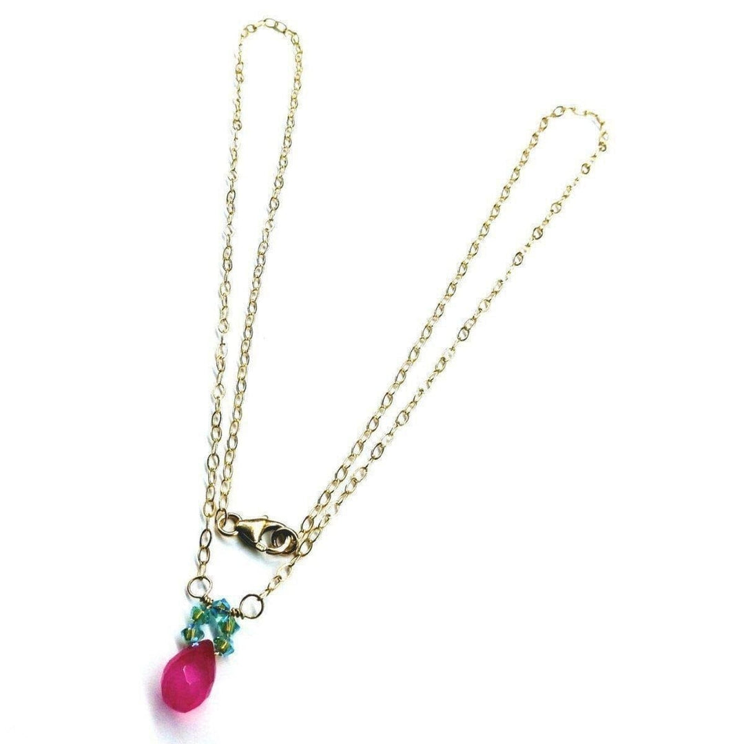 AMD1030 Pink Gemstone Drop and Turquoise Crystal 14 K Gold Filled Necklace - Necklace - Alexa Martha Designs   798653284399