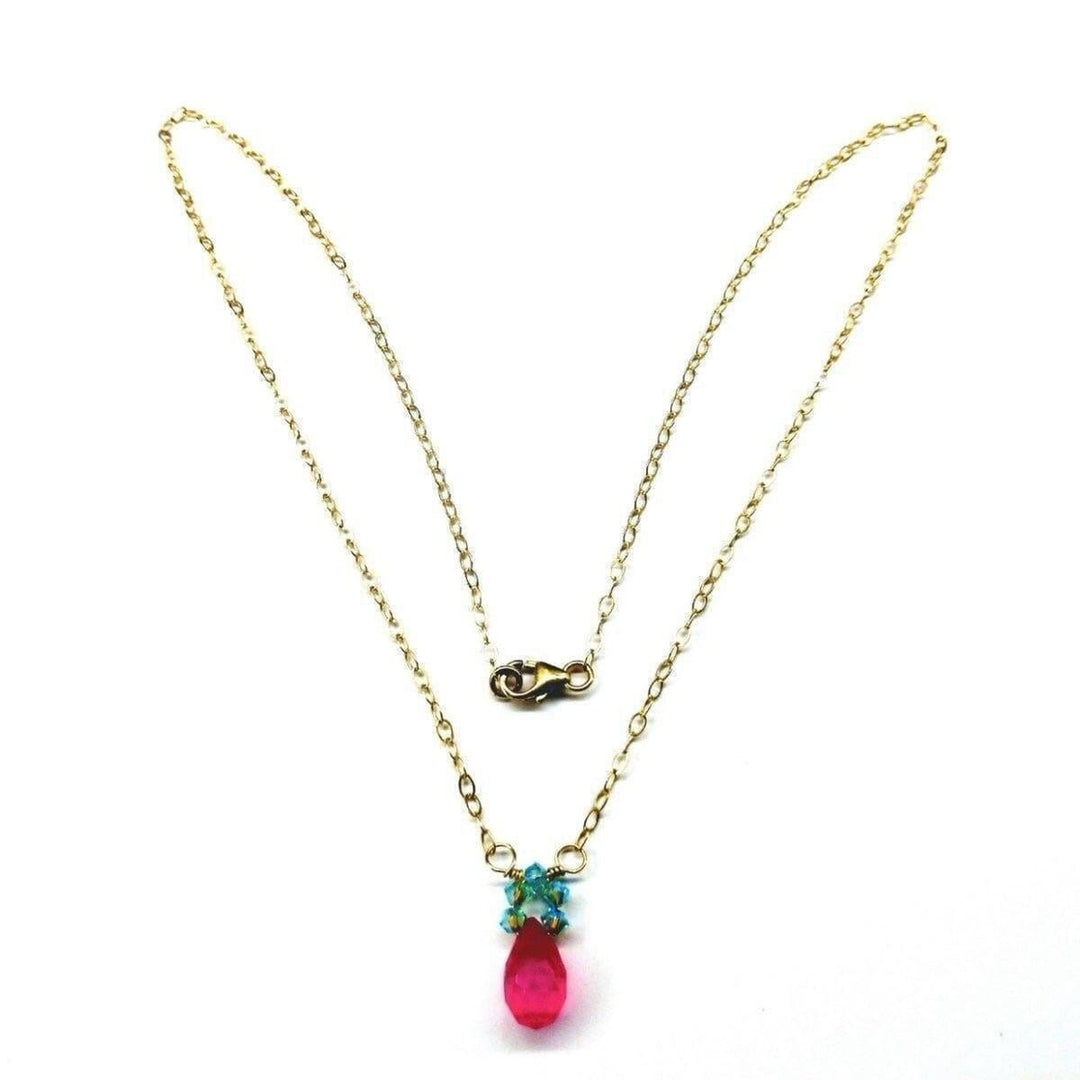 AMD1030 Pink Gemstone Drop and Turquoise Crystal 14 K Gold Filled Necklace - Necklace - Alexa Martha Designs   798653284399