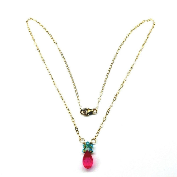 AMD1030 Pink Gemstone Drop and Turquoise Crystal 14 K Gold Filled Necklace - Necklace - Alexa Martha Designs   798653284399
