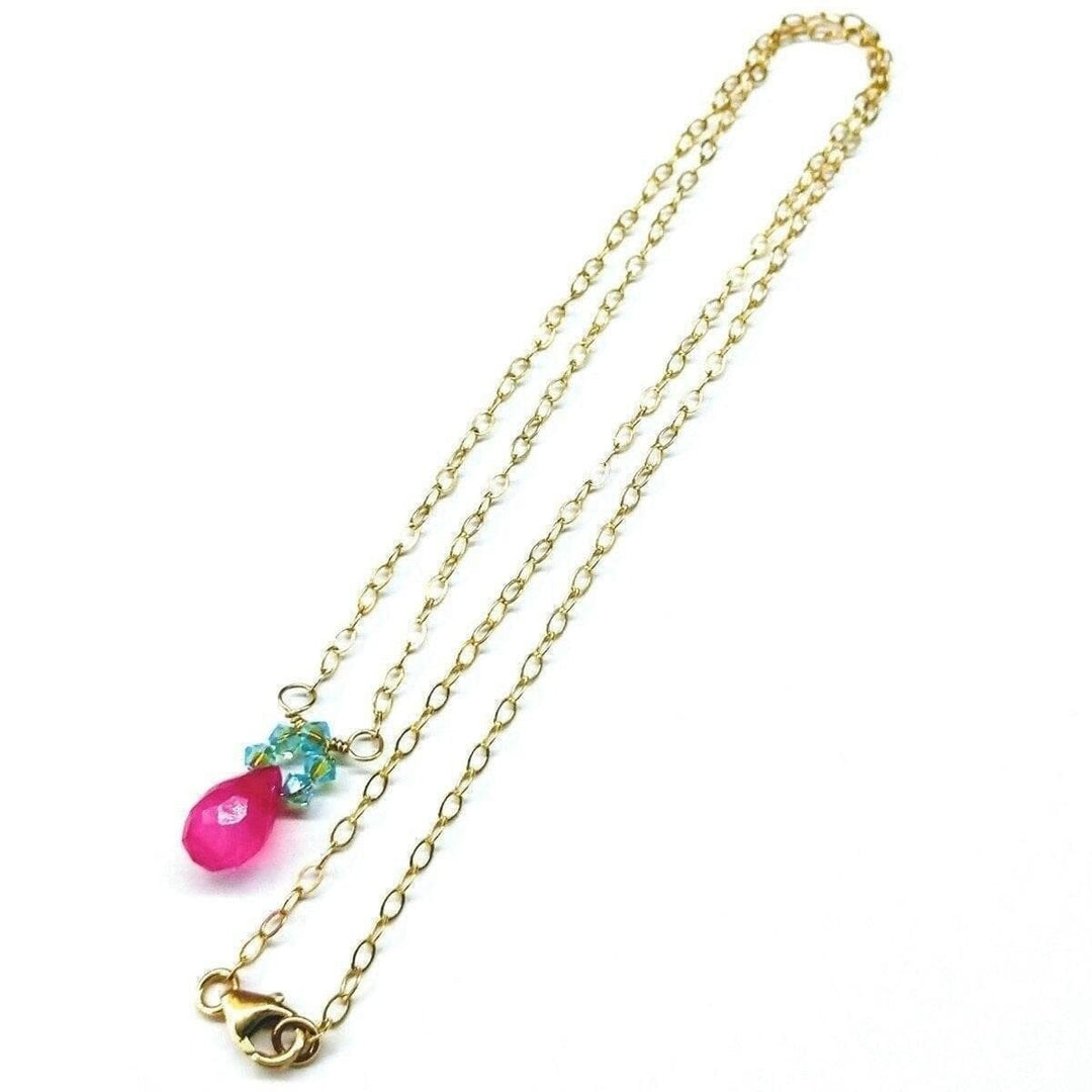 AMD1030 Pink Gemstone Drop and Turquoise Crystal 14 K Gold Filled Necklace - Necklace - Alexa Martha Designs   798653284399
