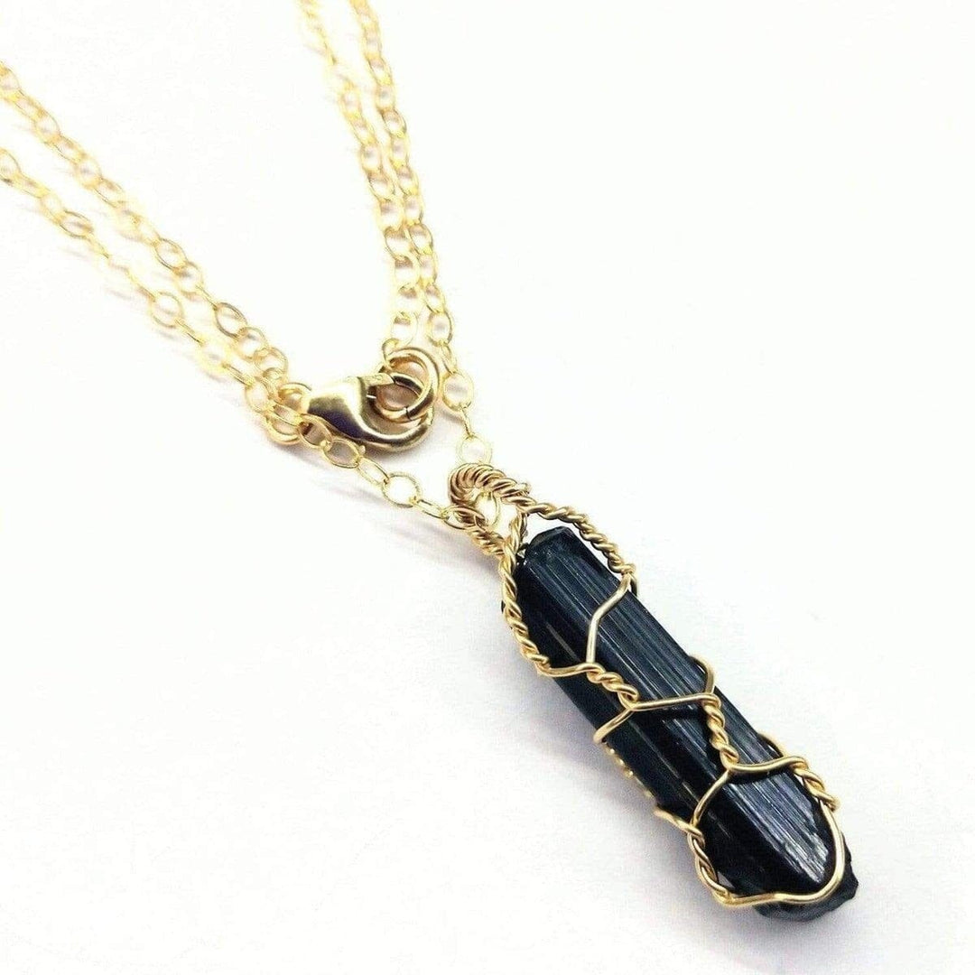 Messy Gold Wire Wrapped Black Tourmaline Pointed Crystal Pendant - Necklace - Alexa Martha Designs   