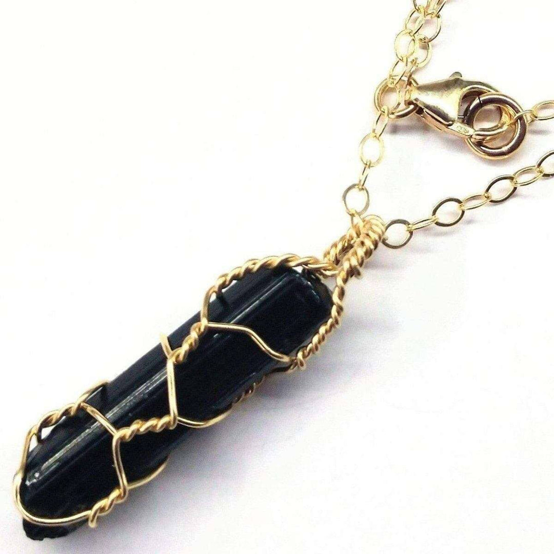 AMD1055 Messy Gold Wire Wrapped Black Tourmaline Pointed Crystal Pendant - Necklace - Alexa Martha Designs   1144234868783