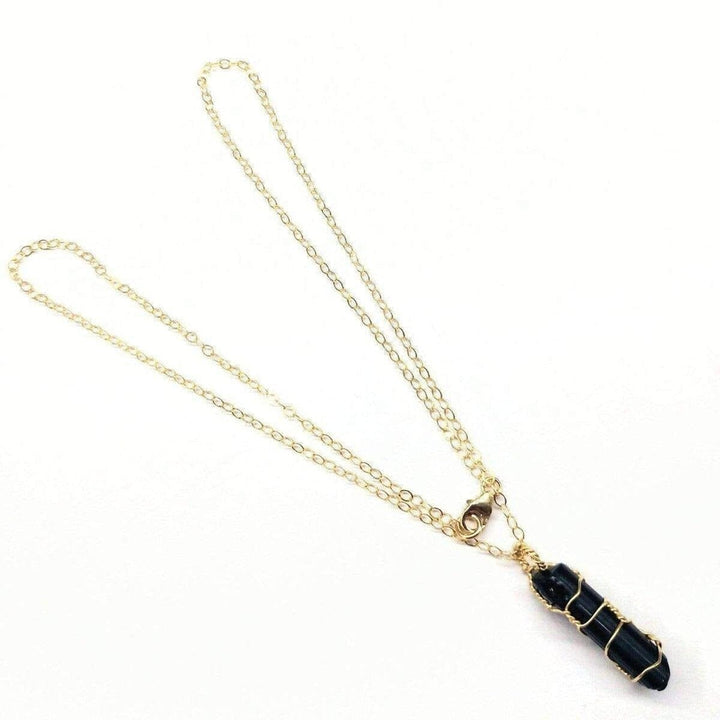 AMD1055 Messy Gold Wire Wrapped Black Tourmaline Pointed Crystal Pendant - Necklace - Alexa Martha Designs   1144234868783