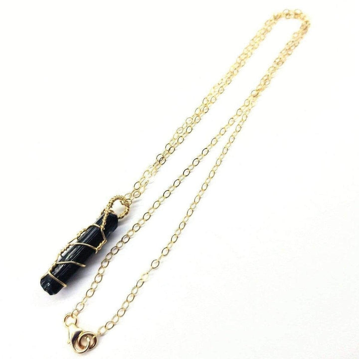 AMD1055 Messy Gold Wire Wrapped Black Tourmaline Pointed Crystal Pendant - Necklace - Alexa Martha Designs   1144234868783