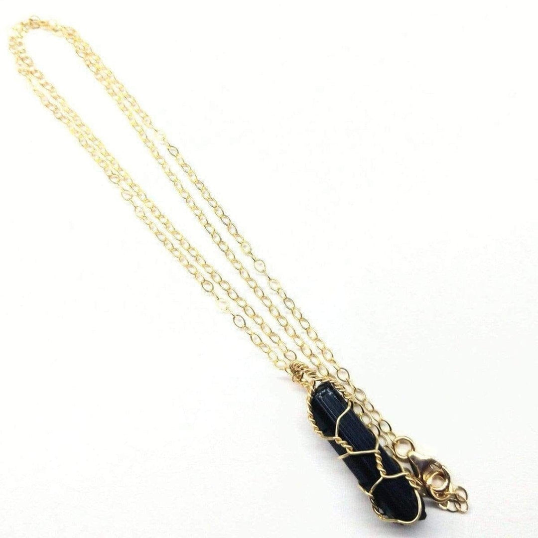 AMD1055 Messy Gold Wire Wrapped Black Tourmaline Pointed Crystal Pendant - Necklace - Alexa Martha Designs   1144234868783