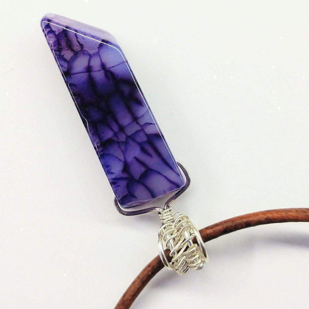 AMD1058 Silver Wrapped Purple Dyed Crackle Agate Point Leather Necklace - Necklace - Alexa Martha Designs   1161009397807