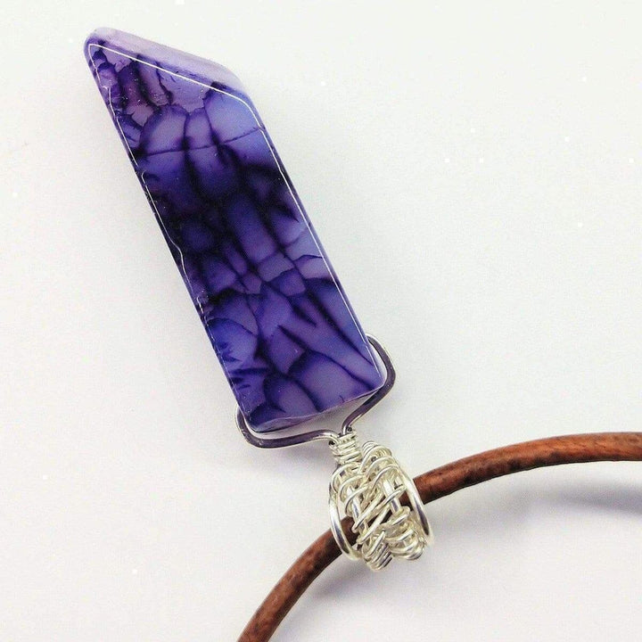 AMD1058 Silver Wrapped Purple Dyed Crackle Agate Point Leather Necklace - Necklace - Alexa Martha Designs   1161009397807