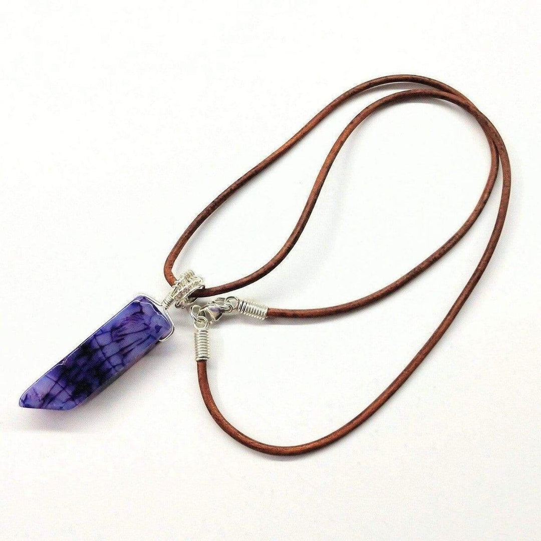 AMD1058 Silver Wrapped Purple Dyed Crackle Agate Point Leather Necklace - Necklace - Alexa Martha Designs   1161009397807
