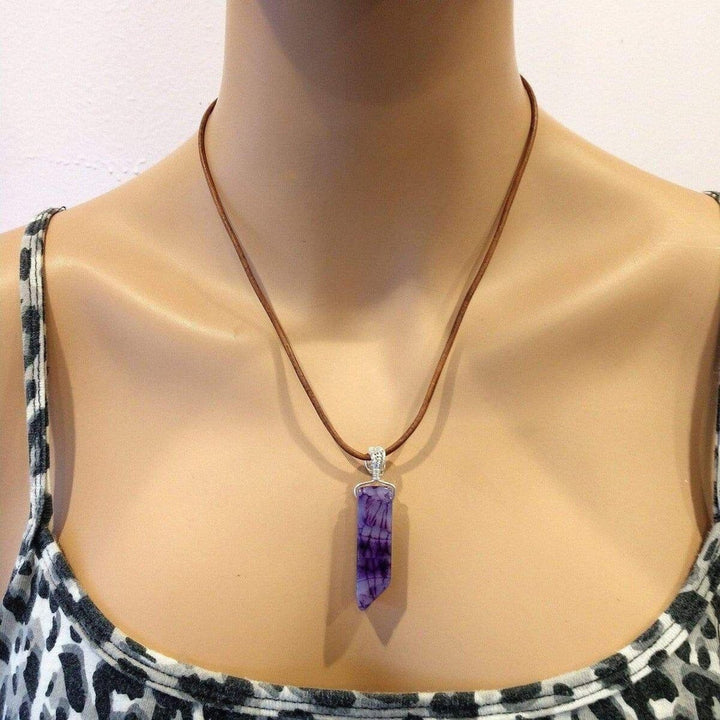 AMD1058 Silver Wrapped Purple Dyed Crackle Agate Point Leather Necklace - Necklace - Alexa Martha Designs   1161009397807