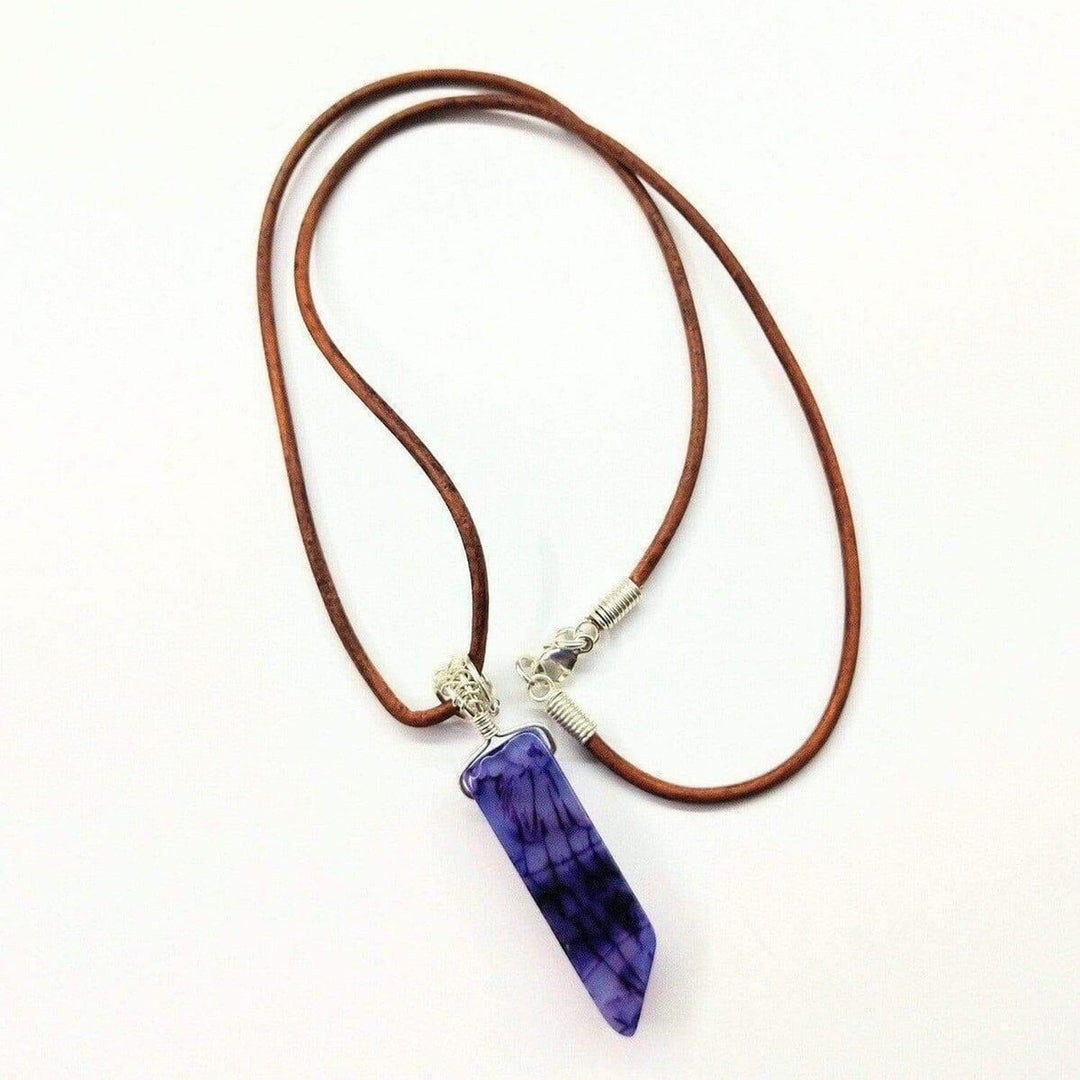 AMD1058 Silver Wrapped Purple Dyed Crackle Agate Point Leather Necklace - Necklace - Alexa Martha Designs   1161009397807