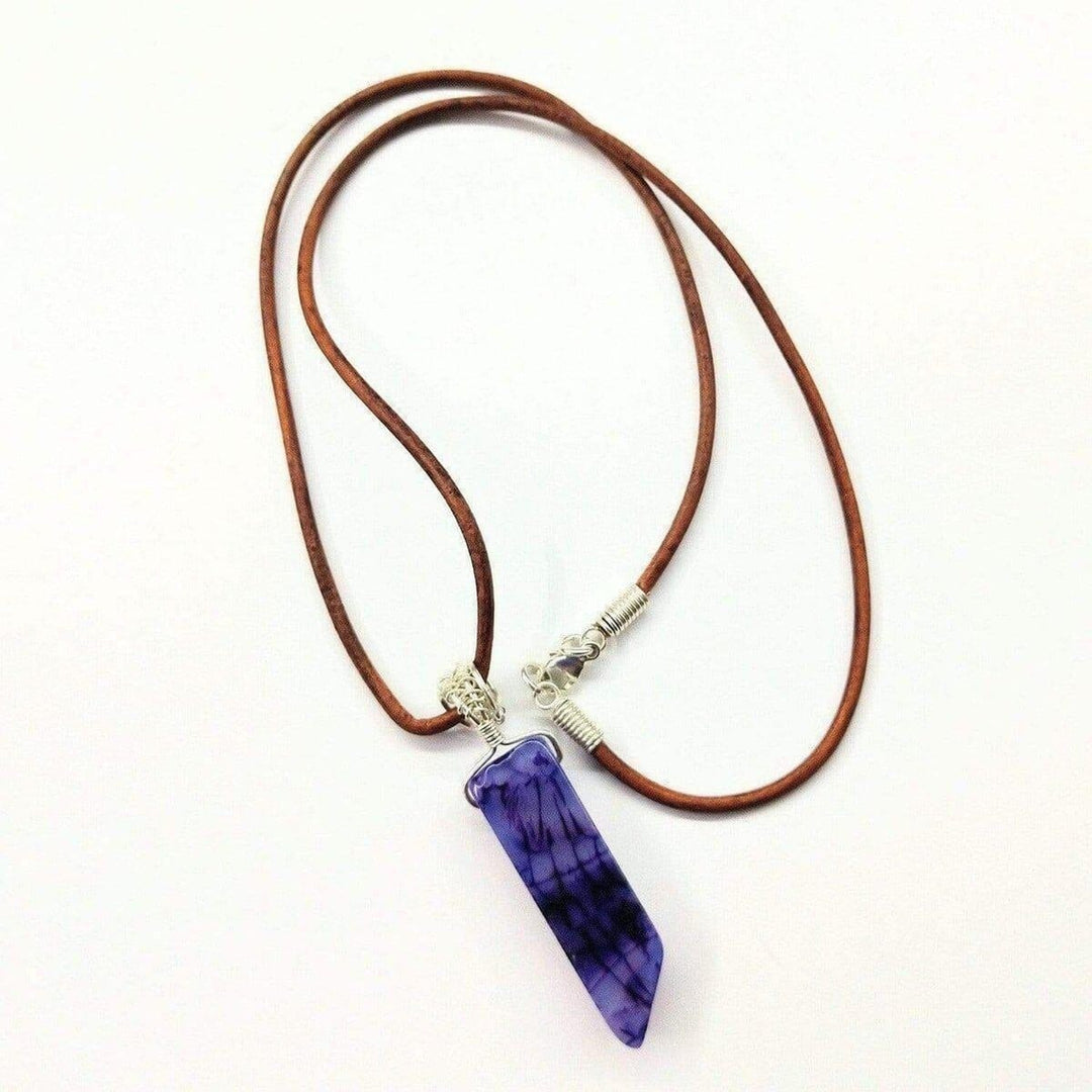 Silver Wrapped Purple Dyed Crackle Agate Point Leather Necklace - Necklace - Alexa Martha Designs   