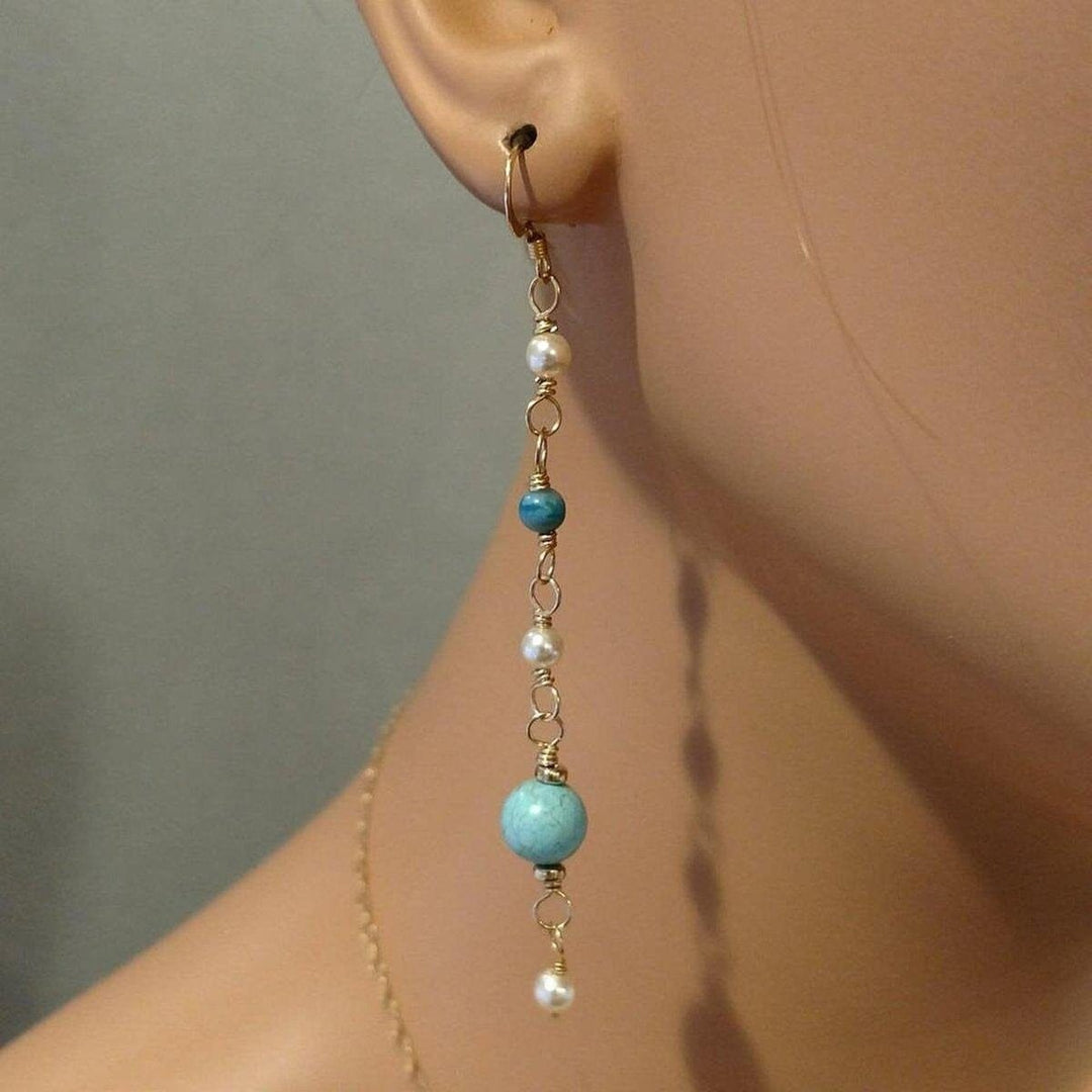 AMD1060 Long 14 K Gold Filled Turquoise Pearl Earrings - Earrings - Alexa Martha Designs   88759861252