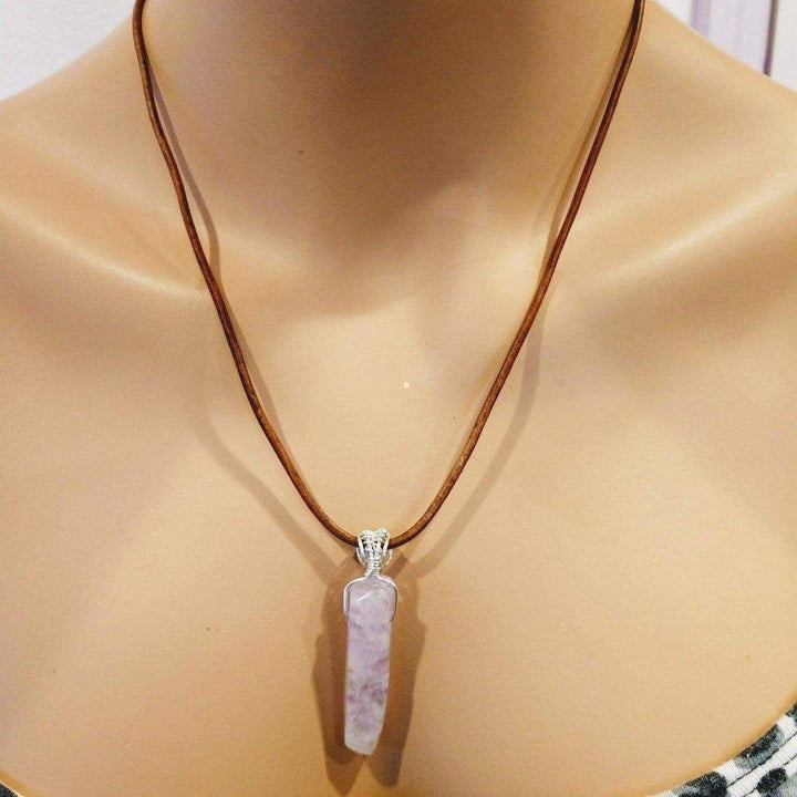 AMD1062 Silver Wrapped Light Amethyst Gemstone Point Leather Necklace - Necklace - Alexa Martha Designs   1161093382191