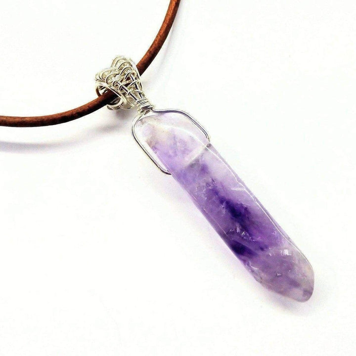 AMD1062 Silver Wrapped Light Amethyst Gemstone Point Leather Necklace - Necklace - Alexa Martha Designs   1161093382191