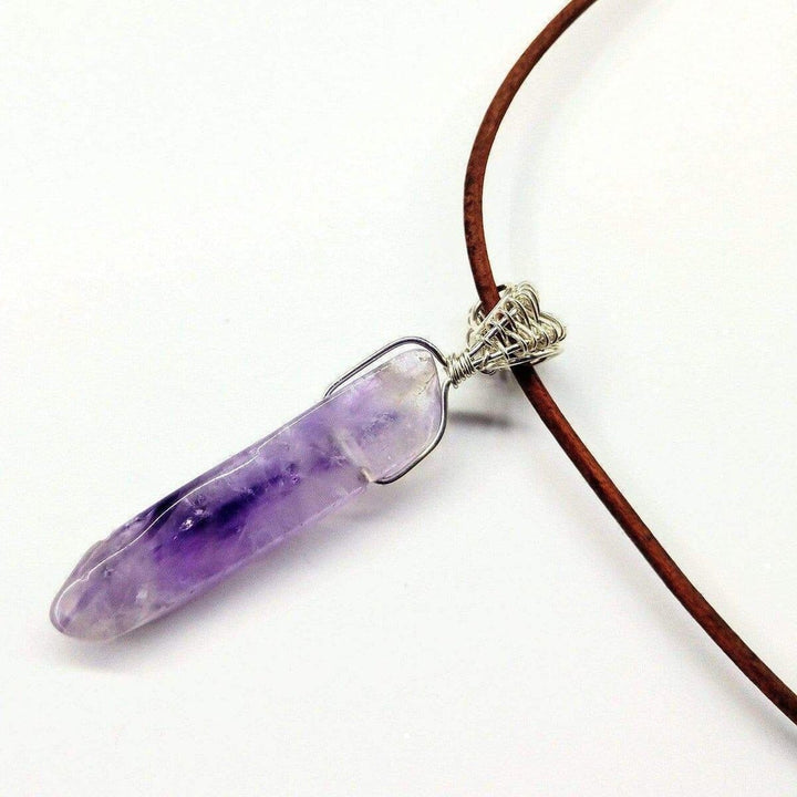 AMD1062 Silver Wrapped Light Amethyst Gemstone Point Leather Necklace - Necklace - Alexa Martha Designs   1161093382191