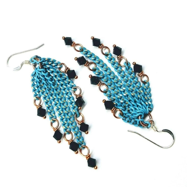 AMD1067 Turquoise Tassel Chain Black Crystal Earrings - Earrings - Alexa Martha Designs   11276805124