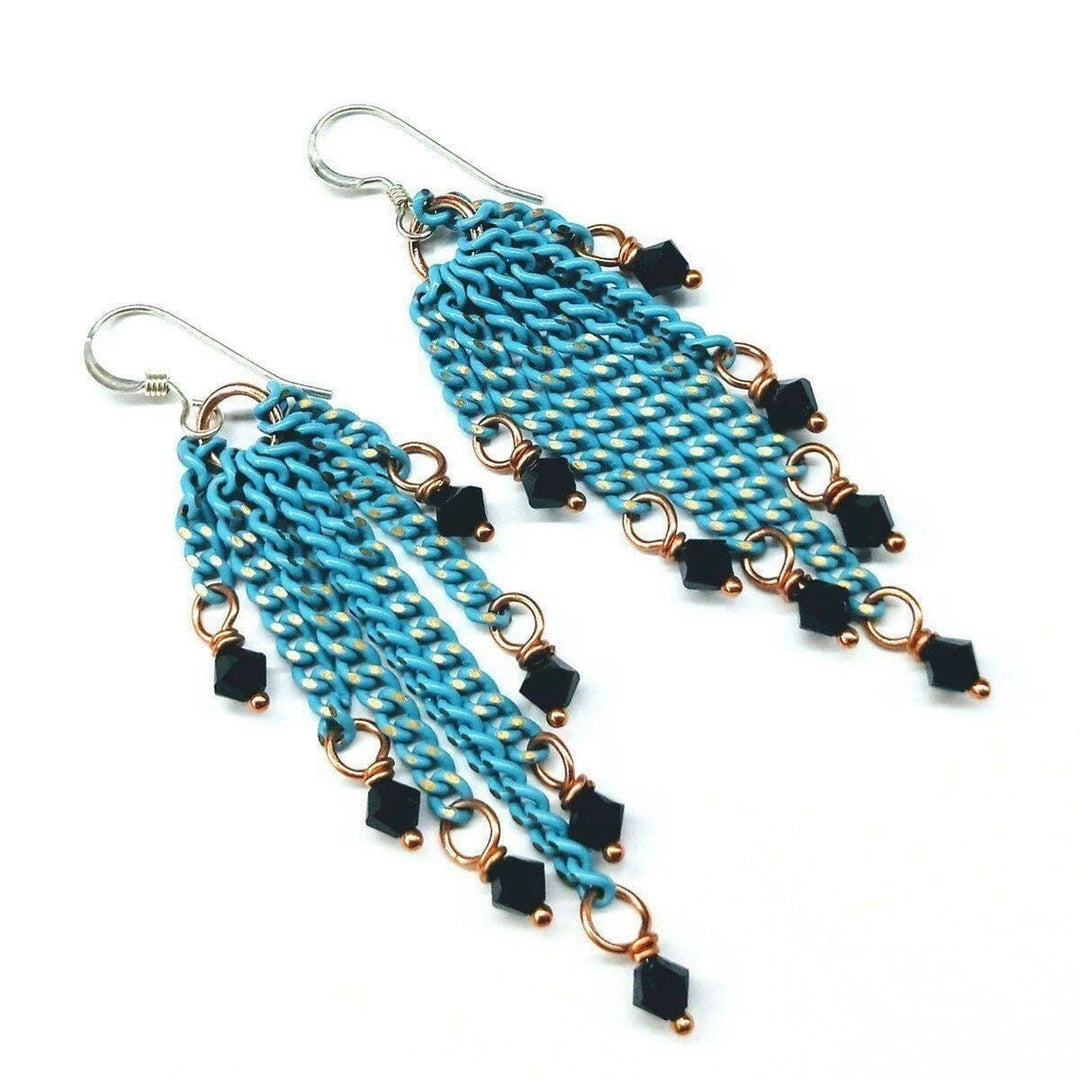 AMD1067 Turquoise Tassel Chain Black Crystal Earrings - Earrings - Alexa Martha Designs   11276805124