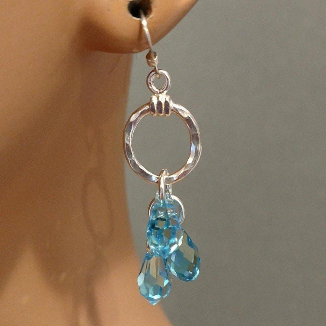 AMD1068 Sterling Silver Hammered Aqua Crystal Cascading Drop Earrings - Earrings - Alexa Martha Designs   11388651844
