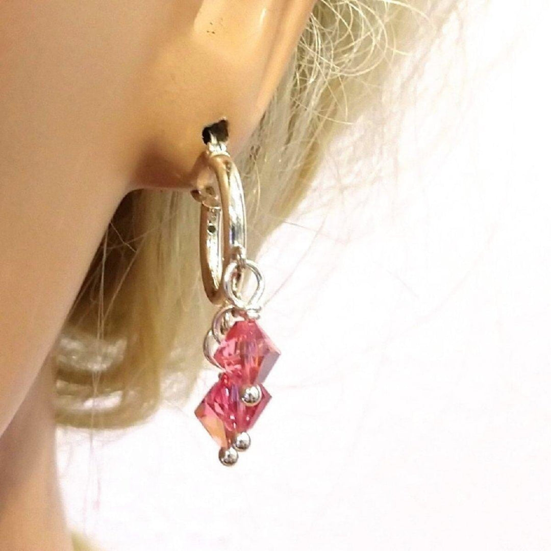 AMD1075 Mini Sterling Silver Hoop Pink Crystal Dangle Earrings - Earrings - Alexa Martha Designs   4644808964