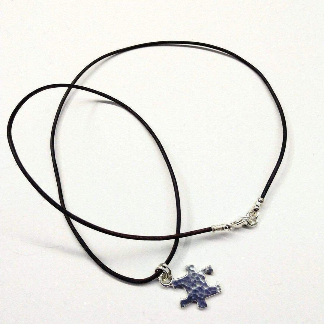 AMD1088 Sterling Silver Autism Awareness Puzzle Piece Leather Necklace - Necklace - Alexa Martha Designs   1174394306607