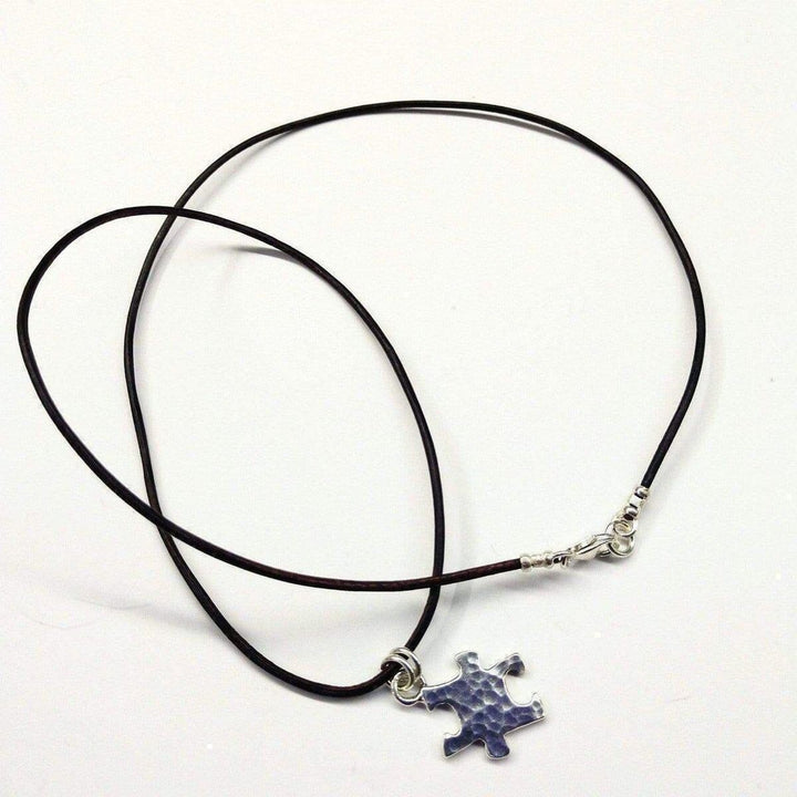 AMD1088 Sterling Silver Autism Awareness Puzzle Piece Leather Necklace - Necklace - Alexa Martha Designs   1174394306607