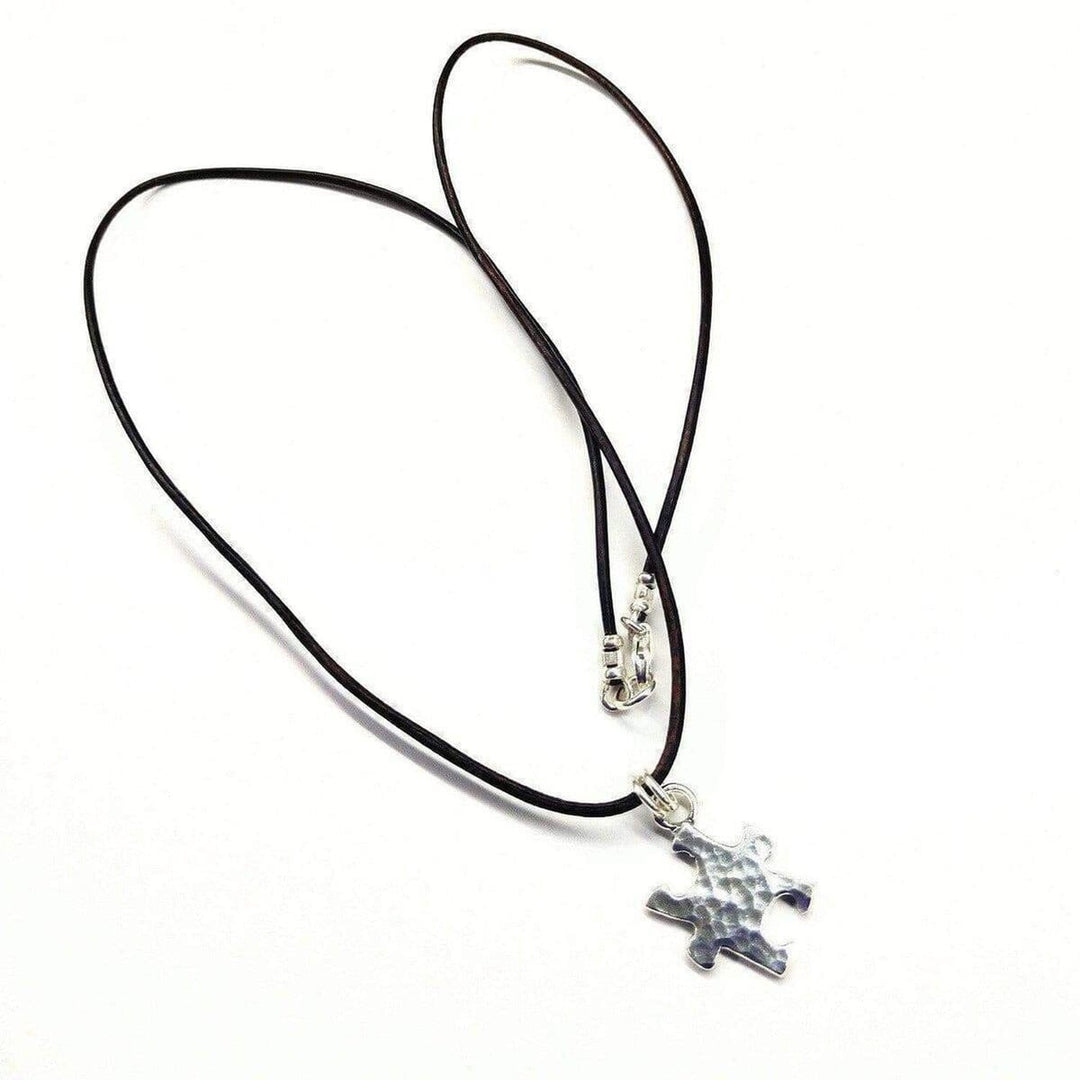 Sterling Silver Autism Awareness Puzzle Piece Leather Necklace - Necklace - Alexa Martha Designs   